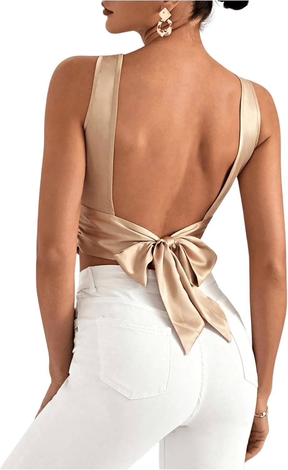 MakeMeChic Women's Sleeveless Tie Backless Camisole Solid Ruched Crop Satin Tank Tops