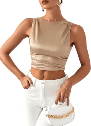 MakeMeChic Women's Sleeveless Tie Backless Camisole Solid Ruched Crop Satin Tank Tops