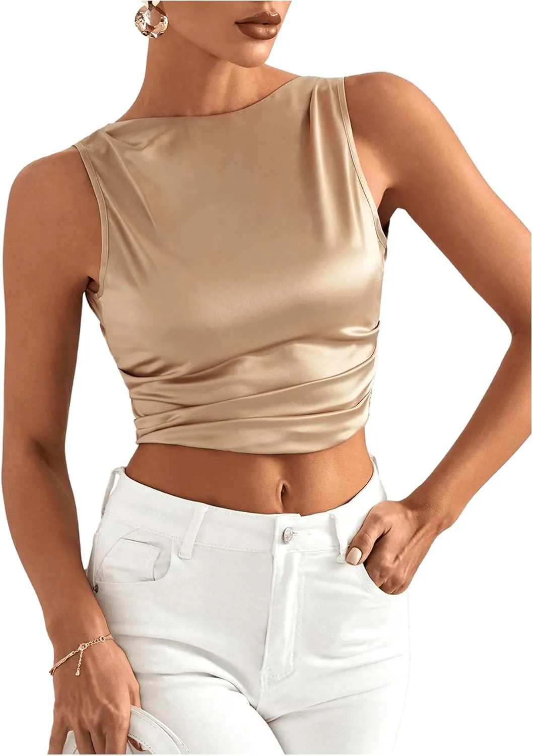 MakeMeChic Women's Sleeveless Tie Backless Camisole Solid Ruched Crop Satin Tank Tops