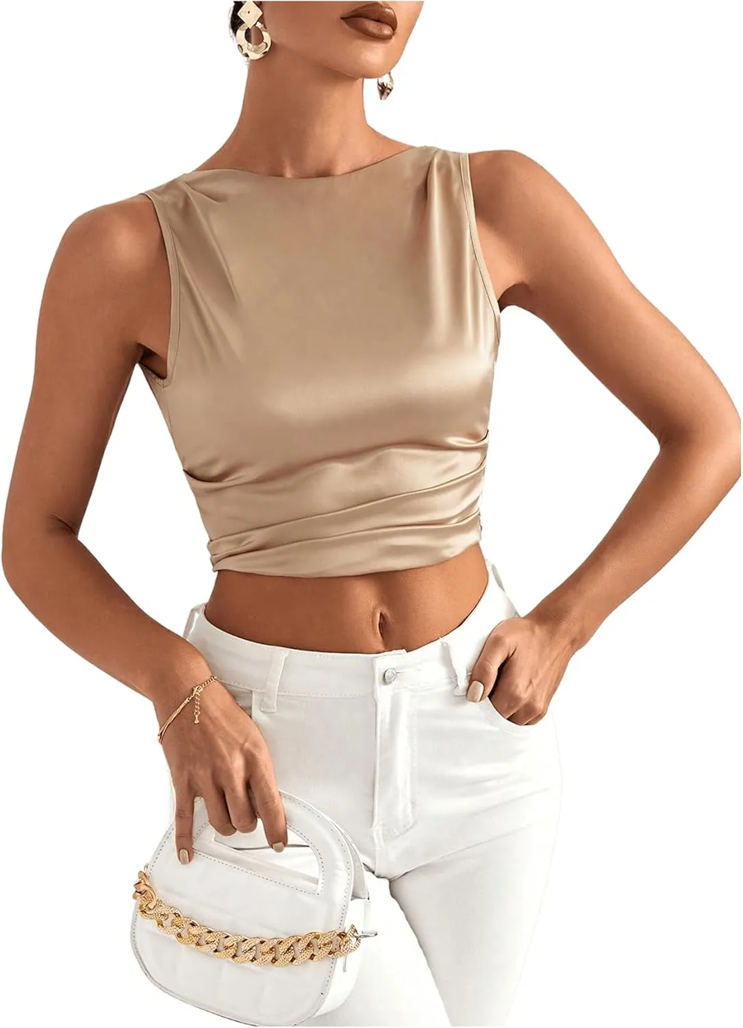 MakeMeChic Women's Sleeveless Tie Backless Camisole Solid Ruched Crop Satin Tank Tops