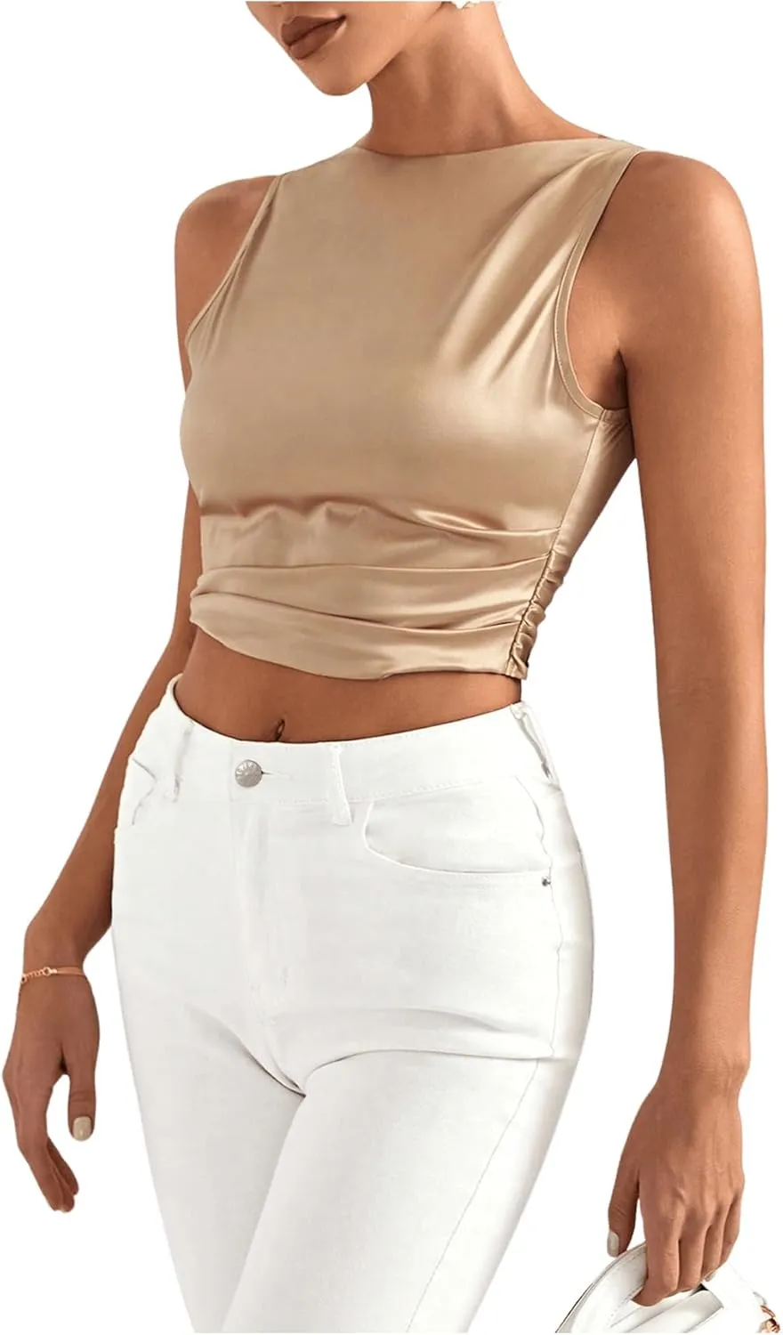 MakeMeChic Women's Sleeveless Tie Backless Camisole Solid Ruched Crop Satin Tank Tops