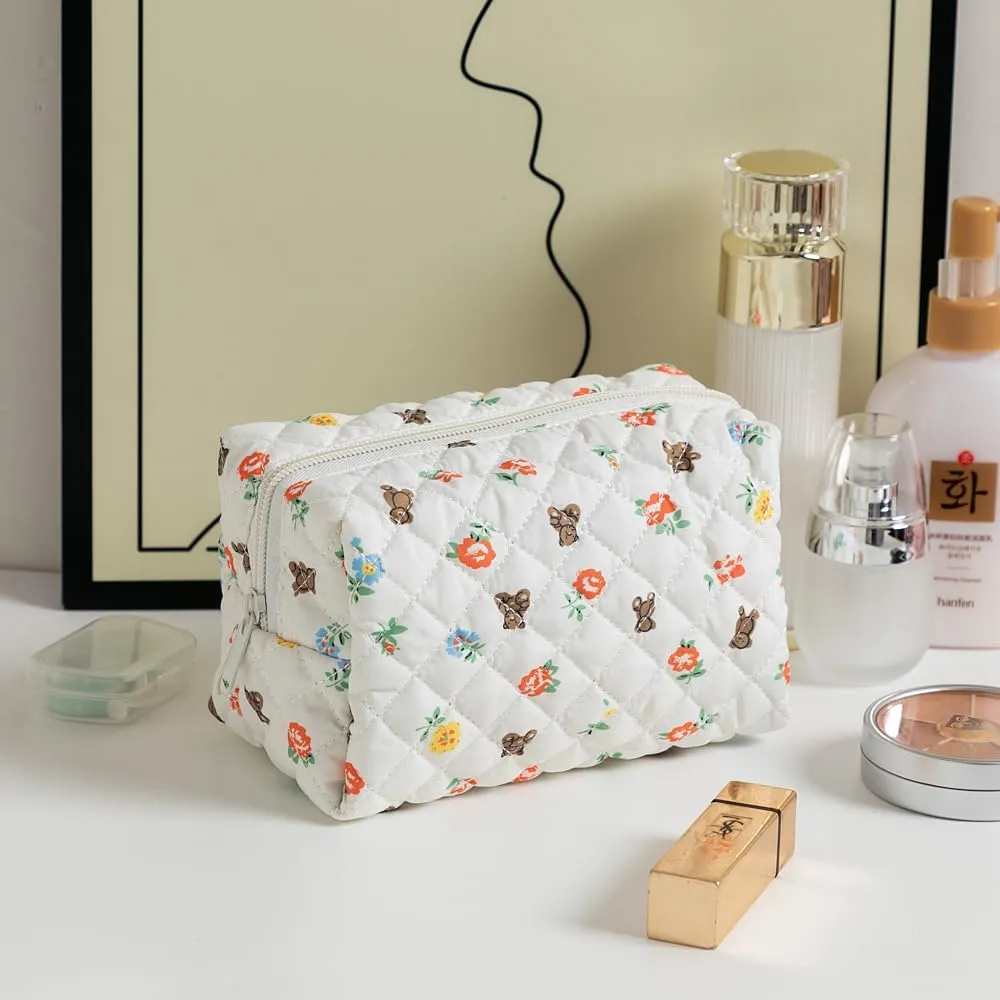 Makeup Bag, Quilted Makeup Bag,Small Floral Cosmetic Bag for Women,Cotton Makeup Bag Set,Flower Travel Toiletry Bag, Floral Bear