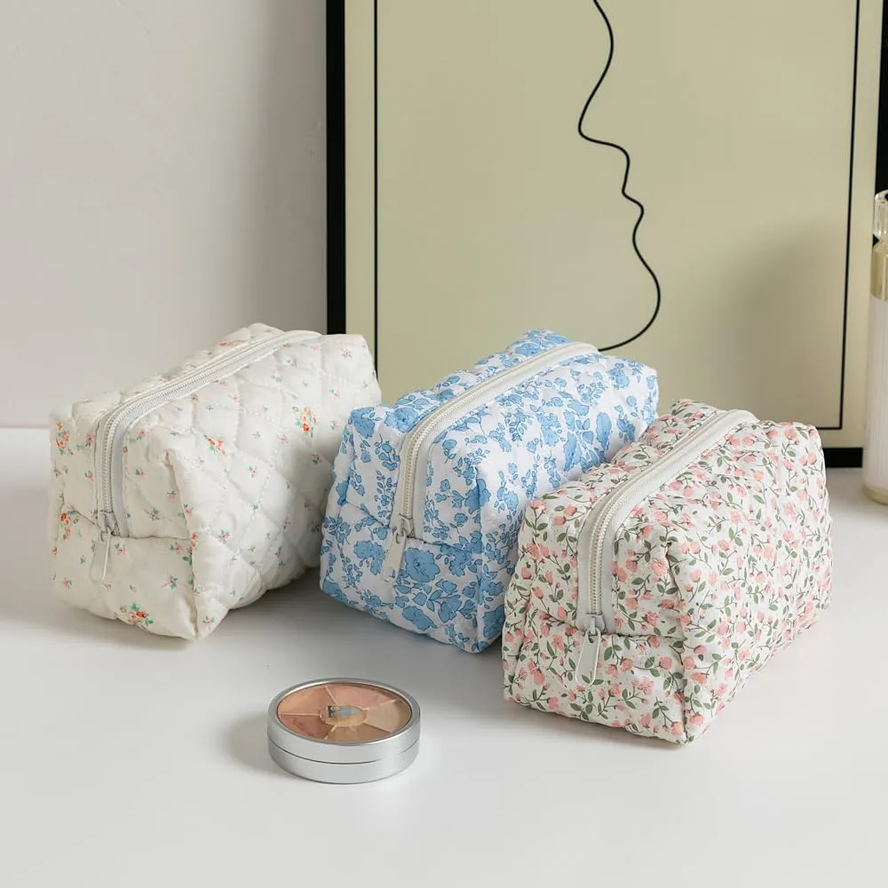 Makeup Bag, Quilted Makeup Bag,Small Floral Cosmetic Bag for Women,Cotton Makeup Bag Set,Flower Travel Toiletry Bag, Floral Bear
