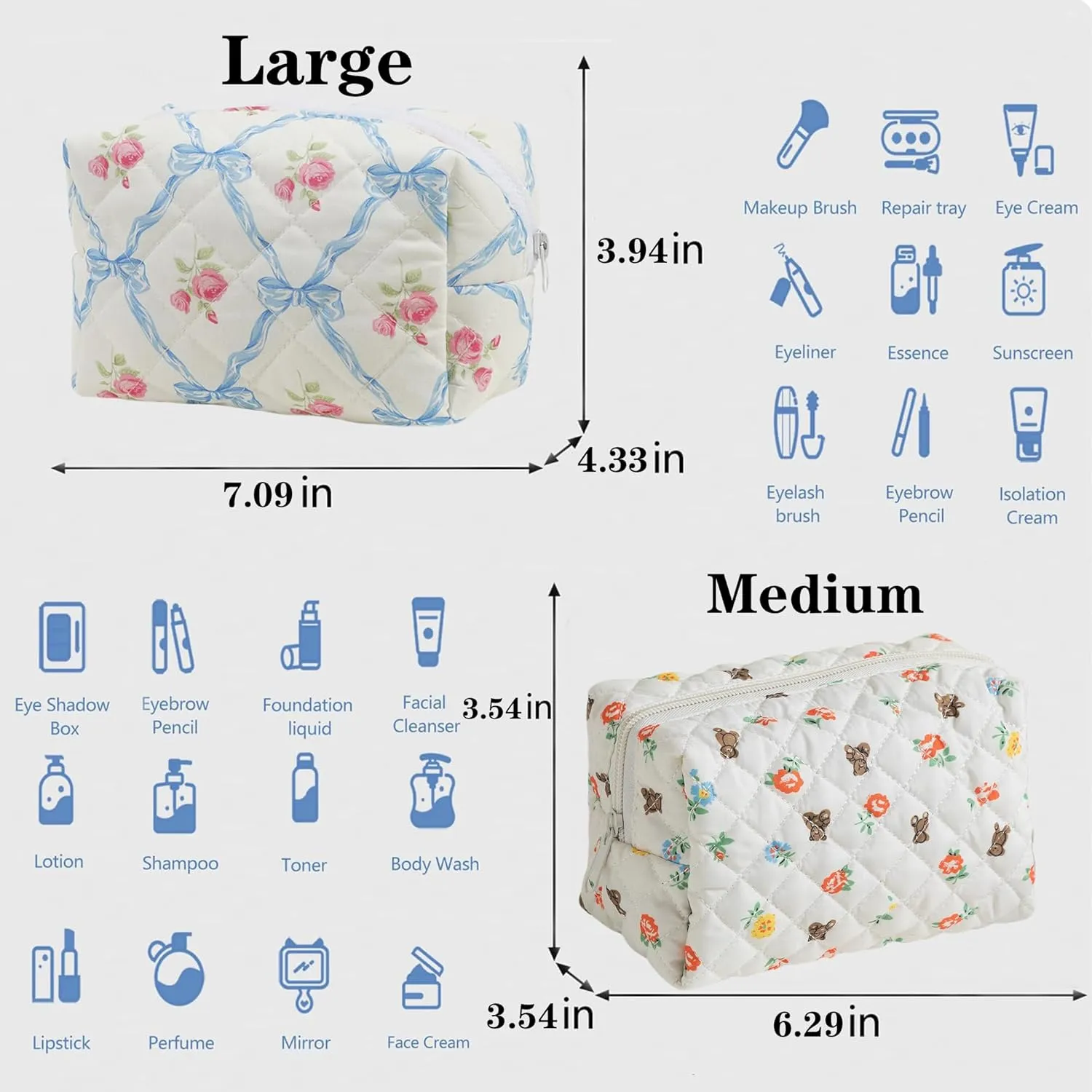 Makeup Bag, Quilted Makeup Bag,Small Floral Cosmetic Bag for Women,Cotton Makeup Bag Set,Flower Travel Toiletry Bag, Floral Bear