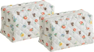 Makeup Bag, Quilted Makeup Bag,Small Floral Cosmetic Bag for Women,Cotton Makeup Bag Set,Flower Travel Toiletry Bag, Floral Bear