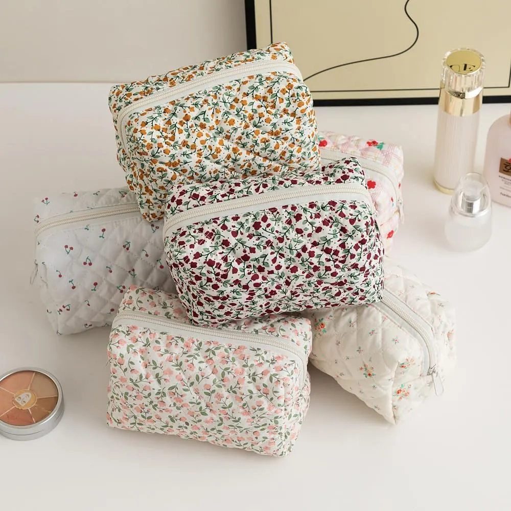 Makeup Bag, Quilted Makeup Bag,Small Floral Cosmetic Bag for Women,Cotton Makeup Bag Set,Flower Travel Toiletry Bag, Floral Bear