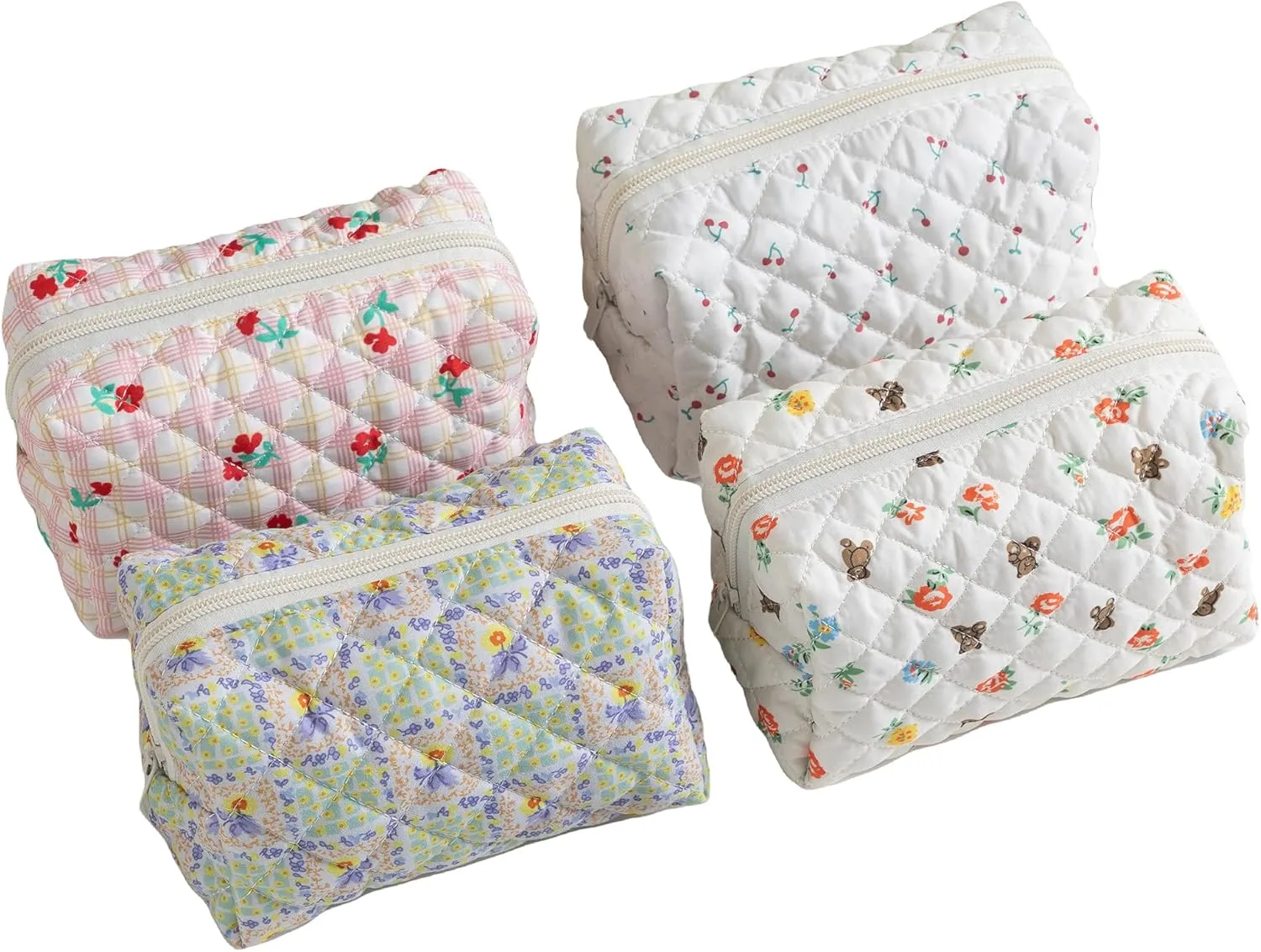 Makeup Bag, Quilted Makeup Bag,Small Floral Cosmetic Bag for Women,Cotton Makeup Bag Set,Flower Travel Toiletry Bag, Floral Bear