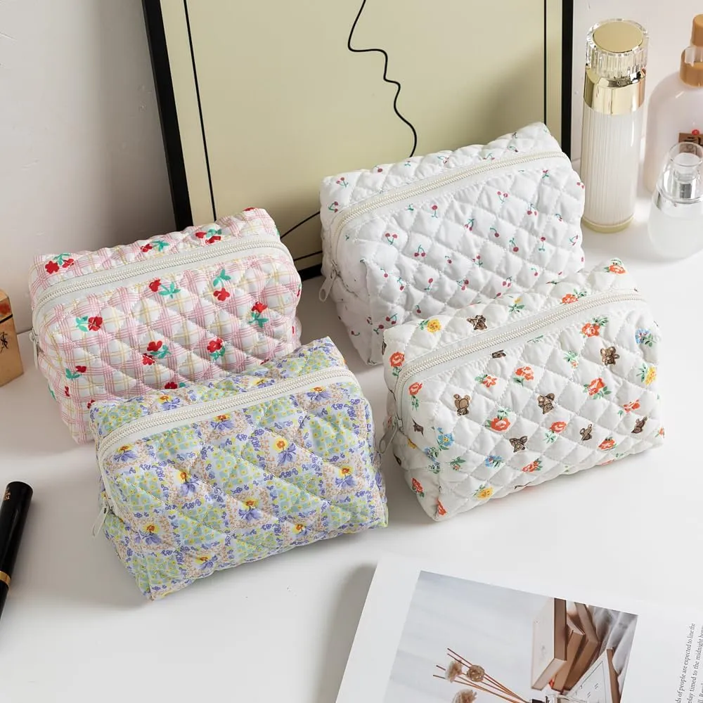 Makeup Bag, Quilted Makeup Bag,Small Floral Cosmetic Bag for Women,Cotton Makeup Bag Set,Flower Travel Toiletry Bag, Floral Bear