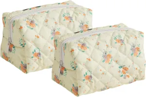 Makeup Bag, Quilted Makeup Bag,Small Floral Cosmetic Bag for Women,Cotton Makeup Bag Set,Flower Travel Toiletry Bag, Yellow with Orange Flowers