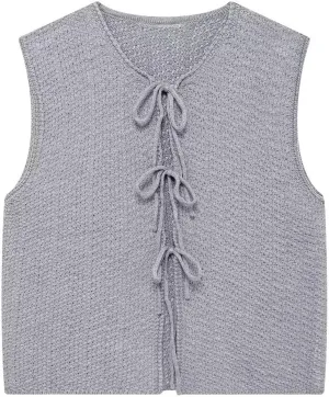 Mansy Women Tie Front Vest Top Y2k Knit V Neck Sleeveless Crop Sweater Tank Vintage Casual Streetwear