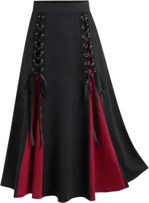 Maxi Skirts Women's Victorian Skirt Vintage A-Line Long Midi Skirt Lace Up Gothic Pleated Skirt Solid Long Skirts