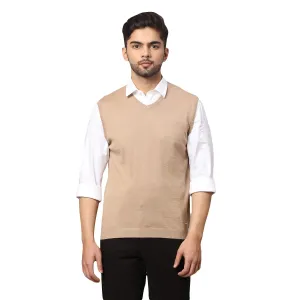 Men Fawn Regular Fit Solid Wool Blend Sleeveless V Neck Collar Sweaters