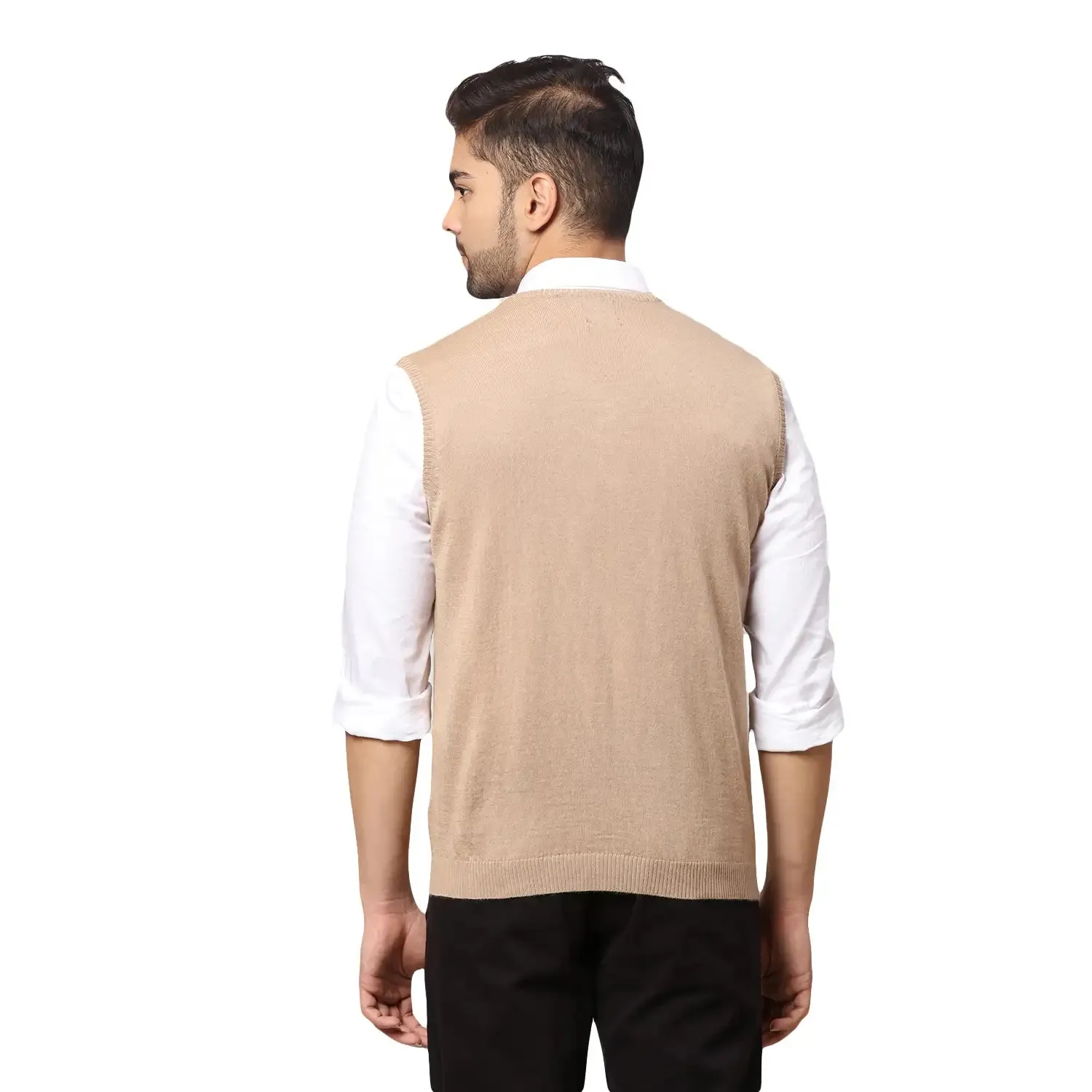 Men Fawn Regular Fit Solid Wool Blend Sleeveless V Neck Collar Sweaters