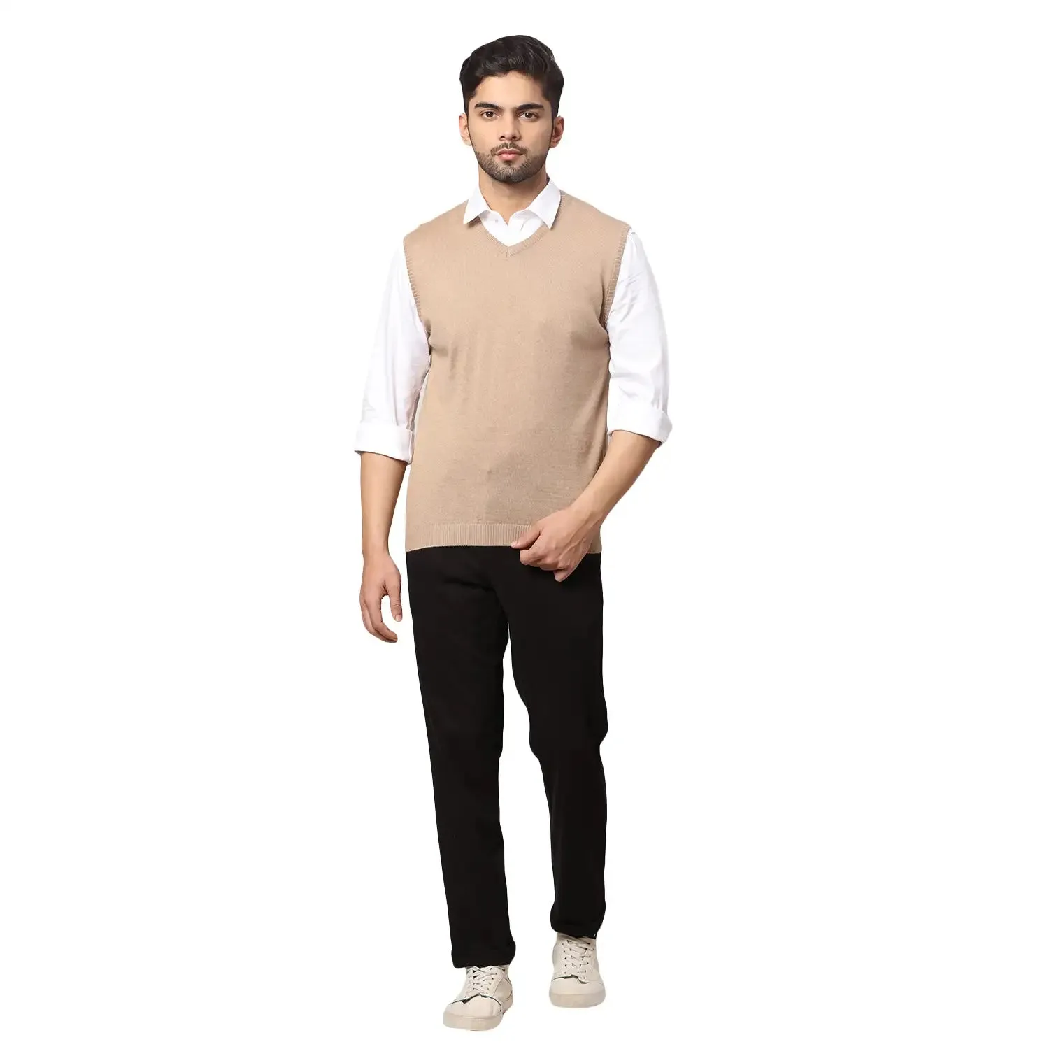 Men Fawn Regular Fit Solid Wool Blend Sleeveless V Neck Collar Sweaters