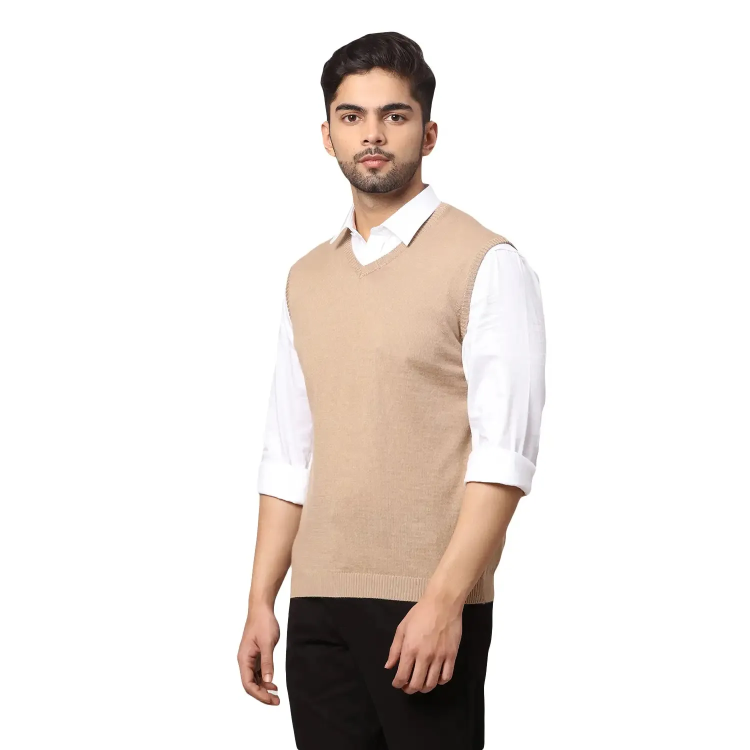 Men Fawn Regular Fit Solid Wool Blend Sleeveless V Neck Collar Sweaters