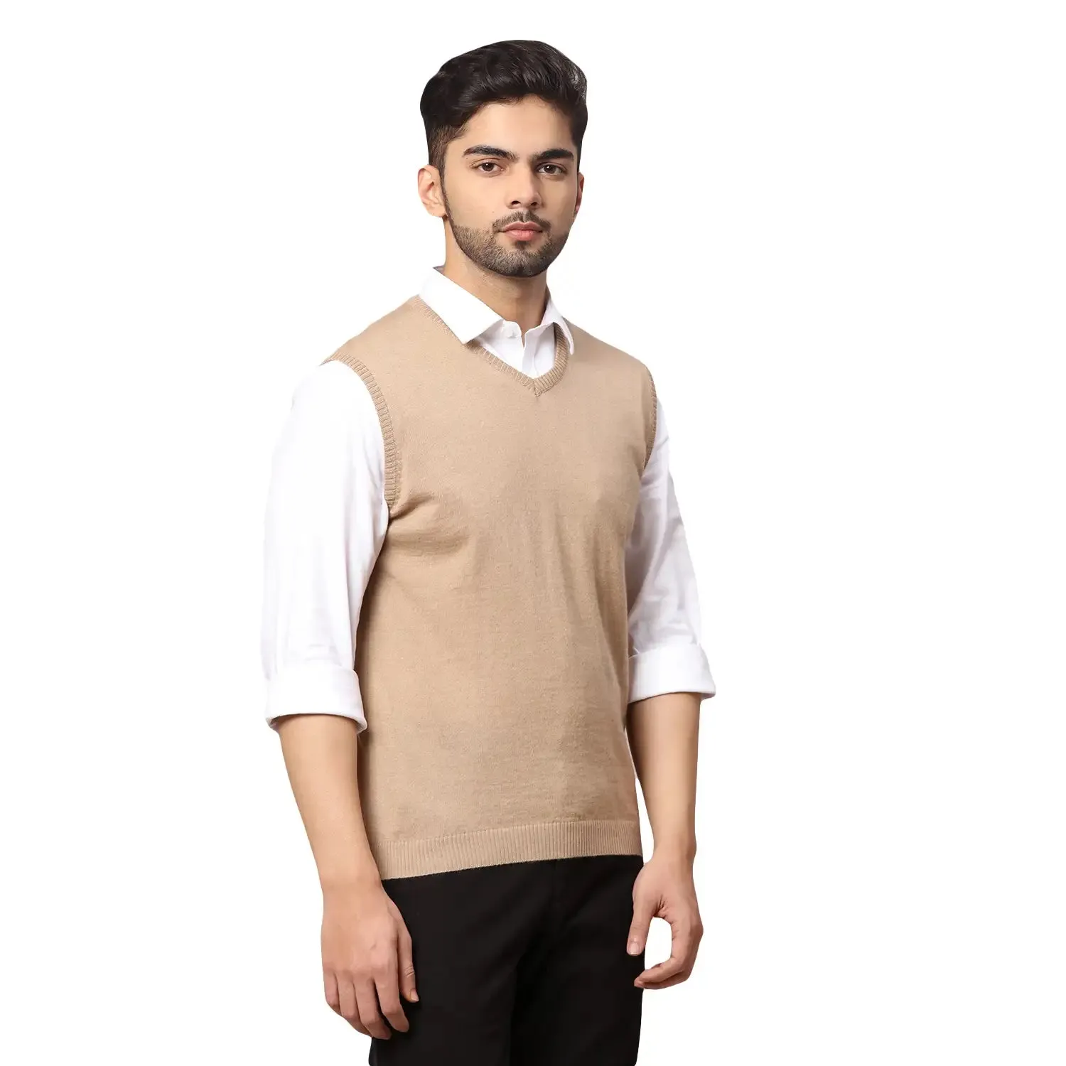 Men Fawn Regular Fit Solid Wool Blend Sleeveless V Neck Collar Sweaters
