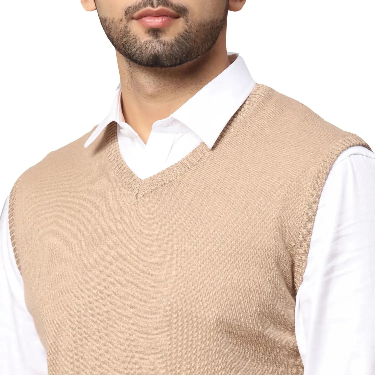 Men Fawn Regular Fit Solid Wool Blend Sleeveless V Neck Collar Sweaters