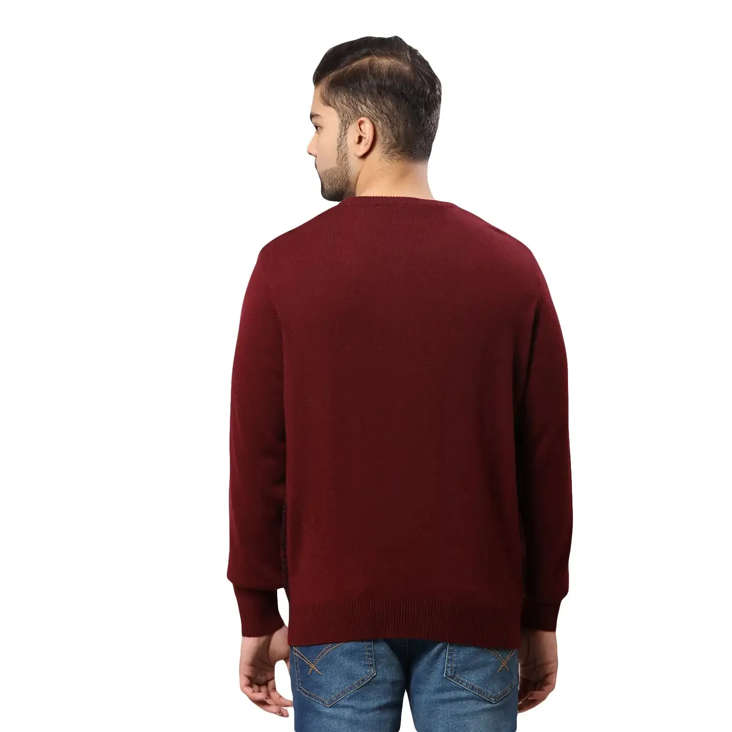 Men Maroon Argyle Acrylic Wool Blend Round Collar Sweaters