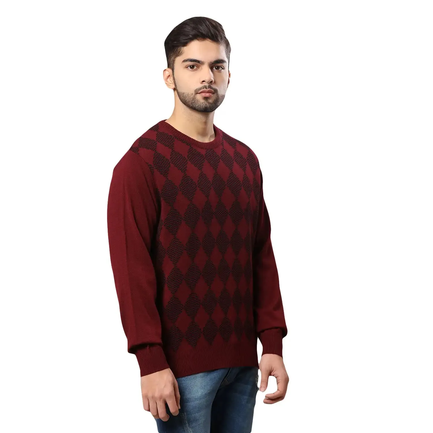 Men Maroon Argyle Acrylic Wool Blend Round Collar Sweaters