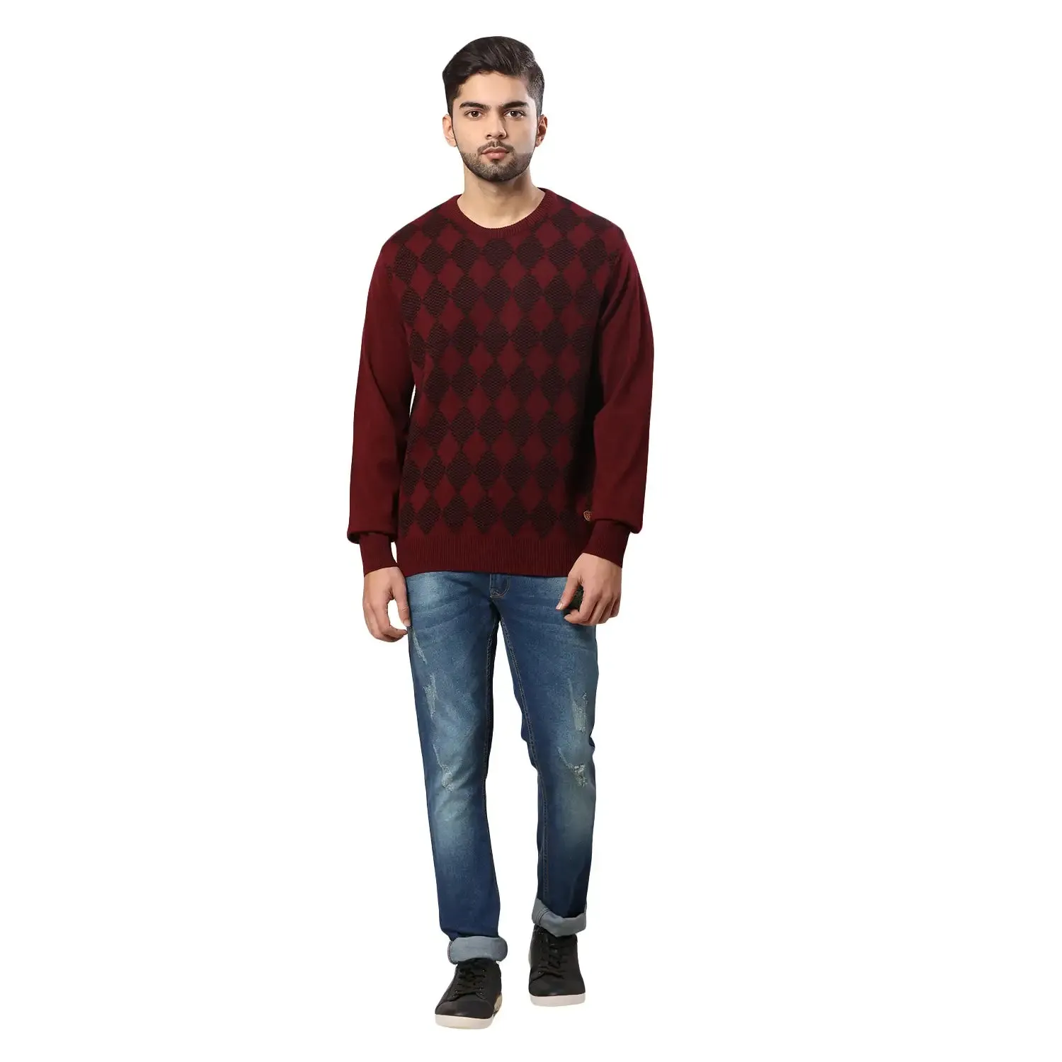 Men Maroon Argyle Acrylic Wool Blend Round Collar Sweaters
