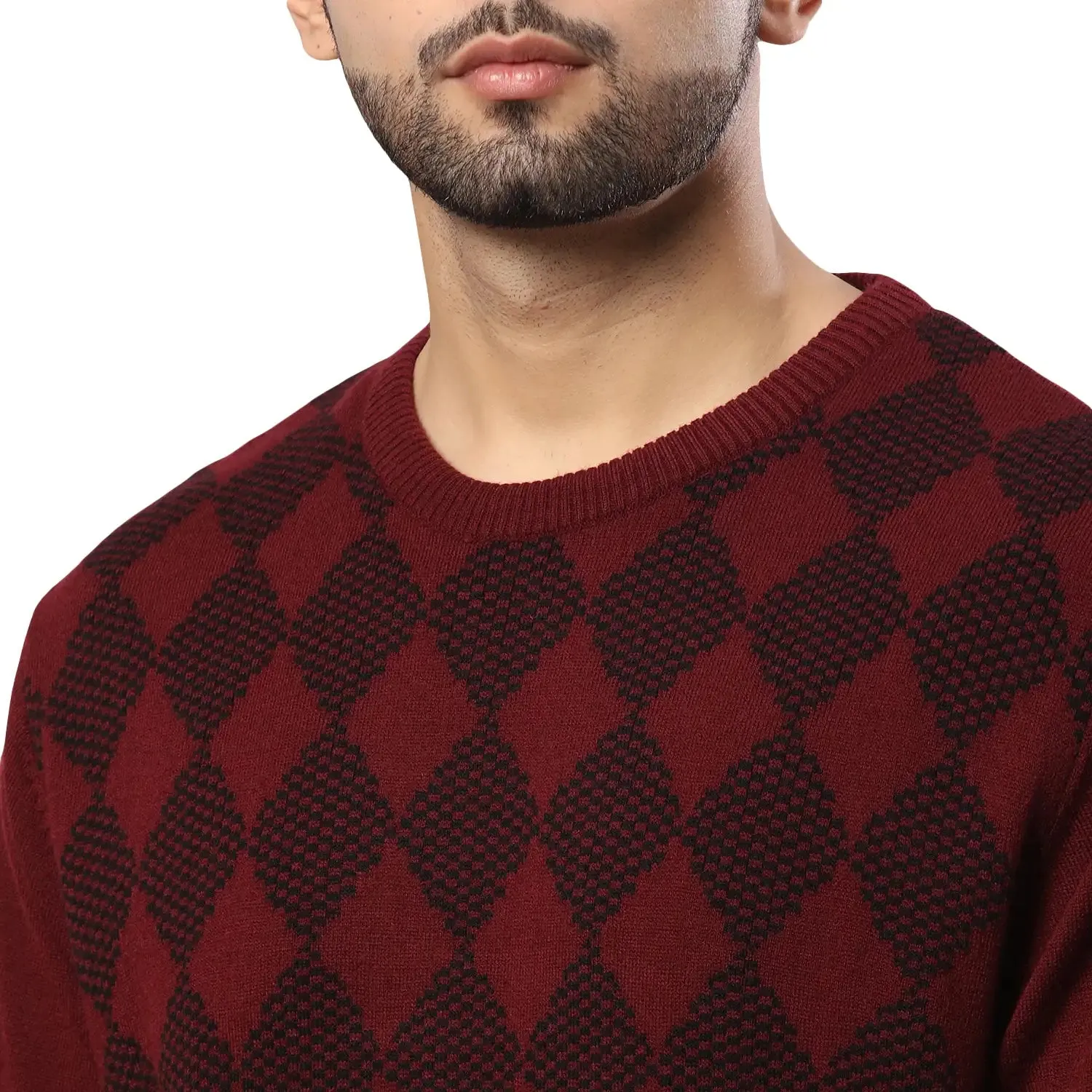 Men Maroon Argyle Acrylic Wool Blend Round Collar Sweaters