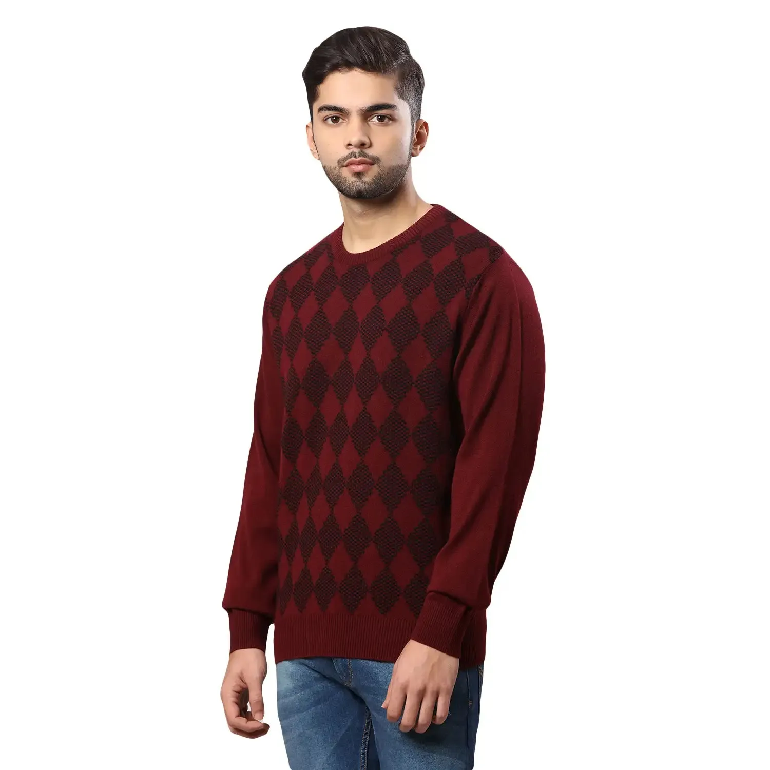 Men Maroon Argyle Acrylic Wool Blend Round Collar Sweaters