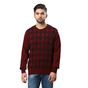 Men Maroon Argyle Acrylic Wool Blend Round Collar Sweaters