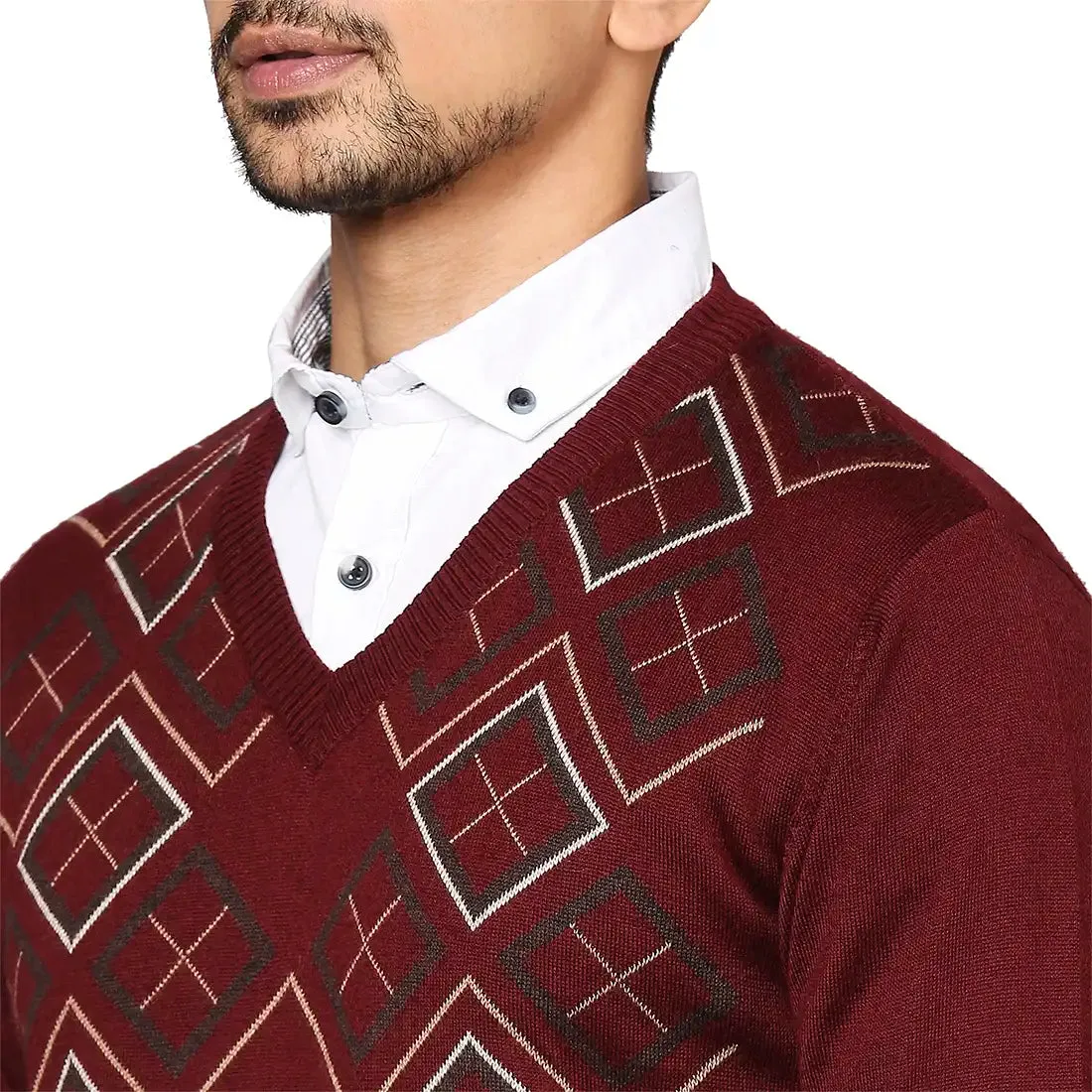 Men Maroon Argyle Wool Blend Full Sleeve V Neck Collar Sweaters