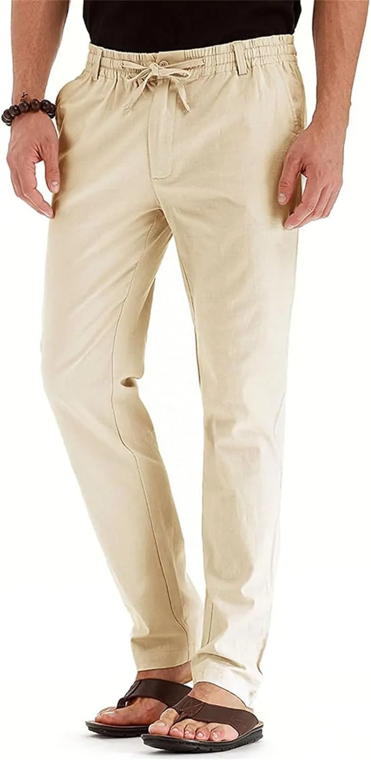 Men's Elastic Drawstring Waist Linen Pants Casual Lightweight Straight Leg Loose Fit Trousers for Beach Yoga Fall Wear
