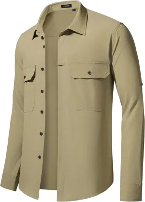 Mens Fishing Shirts Long Sleeve UPF 50  Sun Protection Quick Dry Cooling Hiking Travel Button Down Shirt Roll Up Sleeve