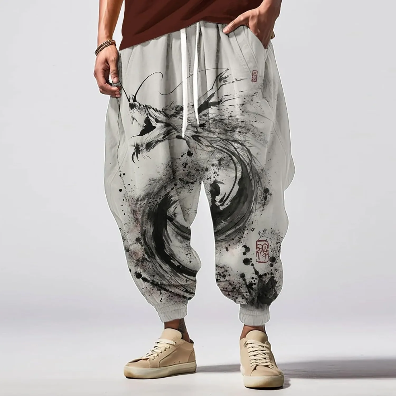 Mens Linen Harem Drawstring Pants Feel Casual Sweatpants Cotton Joggers Men Hakama Pants Men Cloud Strife