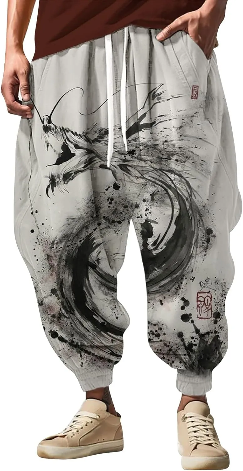 Mens Linen Harem Drawstring Pants Feel Casual Sweatpants Cotton Joggers Men Hakama Pants Men Cloud Strife