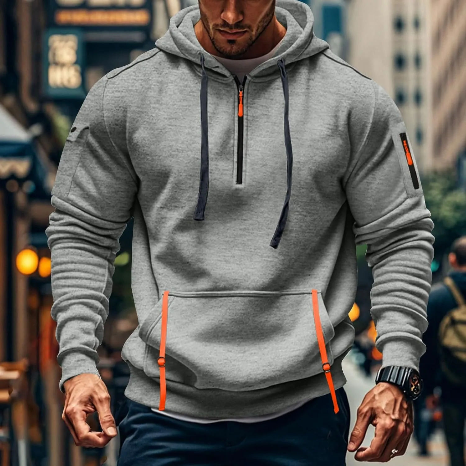 Men's Tactical Hoodies Oversized 1/4 Zip Pullover Sweatshirts with Zipper Arm Pocket Big and Tall Outfits 5XL