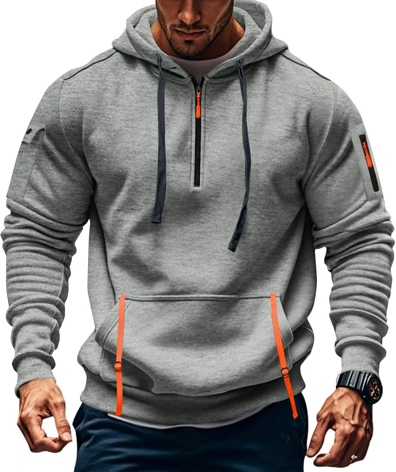 Men's Tactical Hoodies Oversized 1/4 Zip Pullover Sweatshirts with Zipper Arm Pocket Big and Tall Outfits 5XL