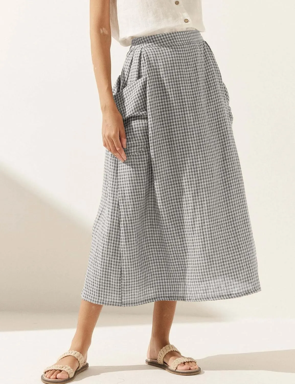 MISSACTIVER Linen Plaid Skirts for Women Elastic Waist Midi Skirt with Pockets Vintage Flowy Gingham Long Skirt