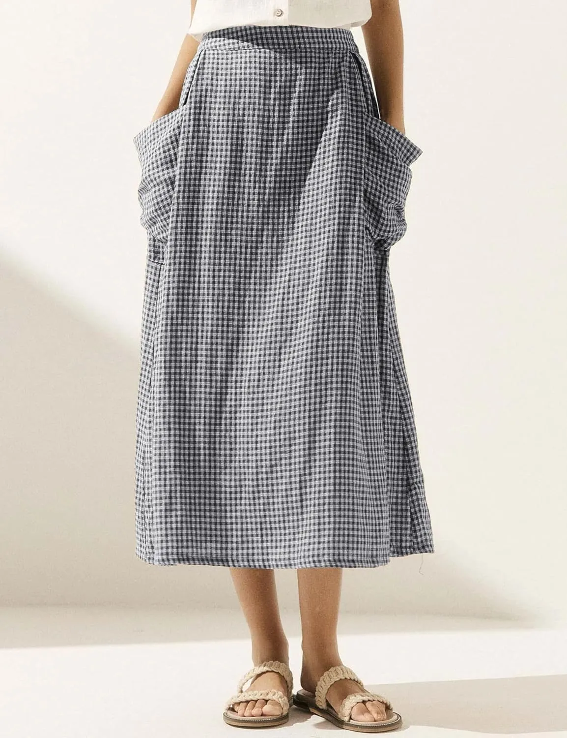 MISSACTIVER Linen Plaid Skirts for Women Elastic Waist Midi Skirt with Pockets Vintage Flowy Gingham Long Skirt