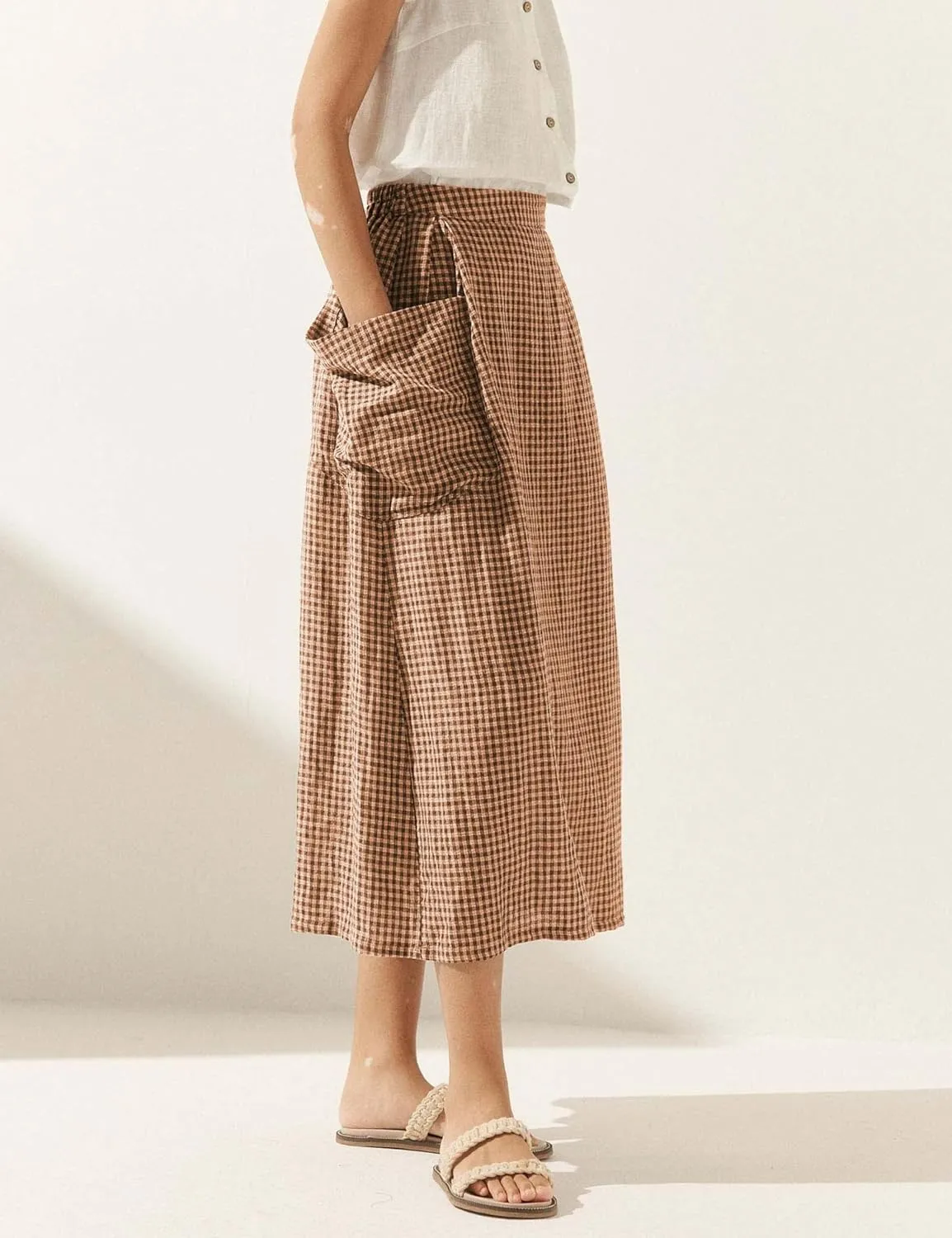 MISSACTIVER Linen Plaid Skirts for Women Elastic Waist Midi Skirt with Pockets Vintage Flowy Gingham Long Skirt