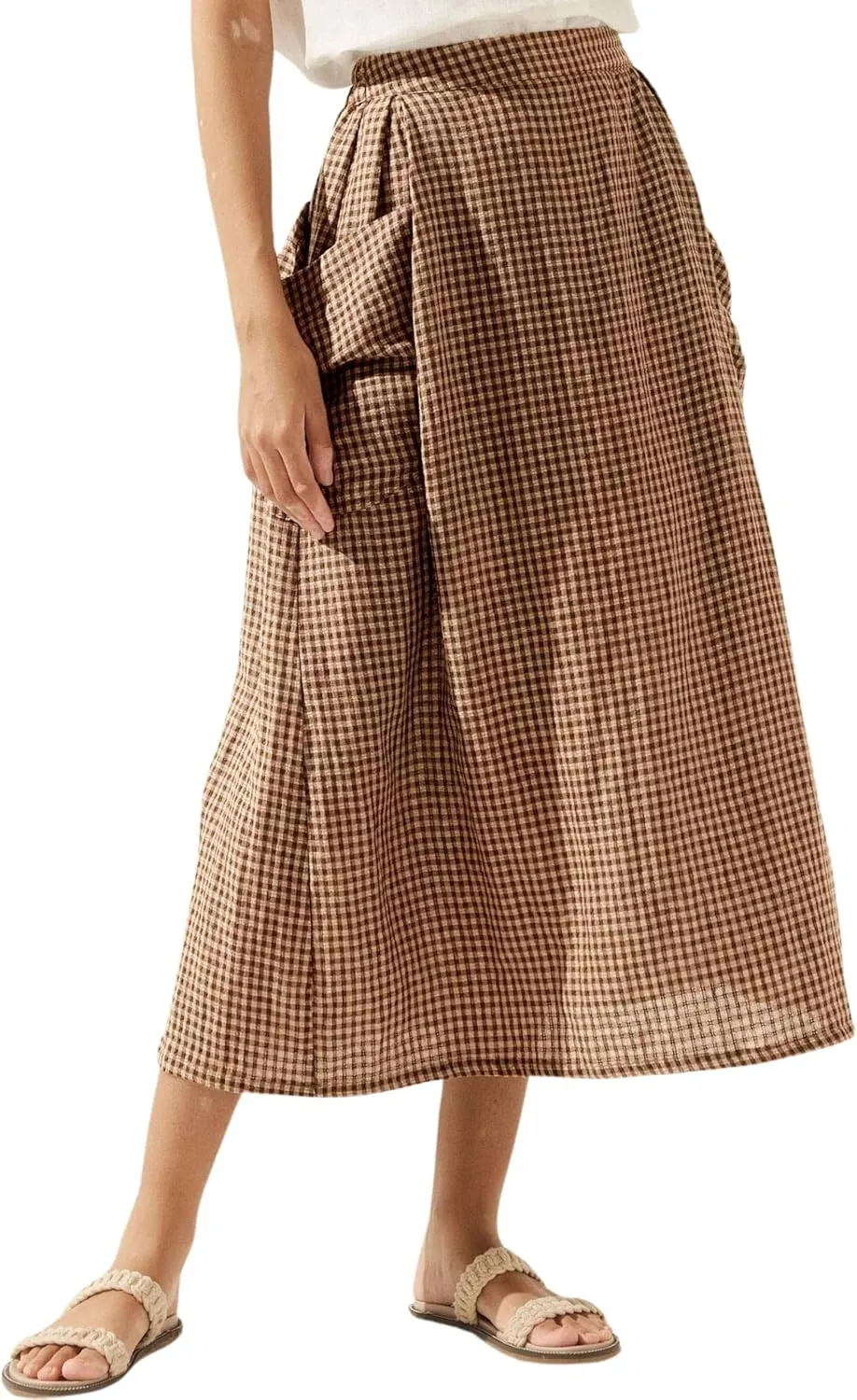 MISSACTIVER Linen Plaid Skirts for Women Elastic Waist Midi Skirt with Pockets Vintage Flowy Gingham Long Skirt