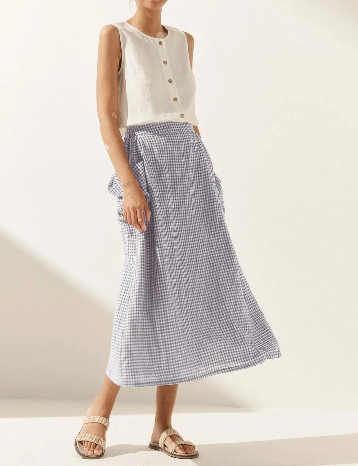 MISSACTIVER Linen Plaid Skirts for Women Elastic Waist Midi Skirt with Pockets Vintage Flowy Gingham Long Skirt