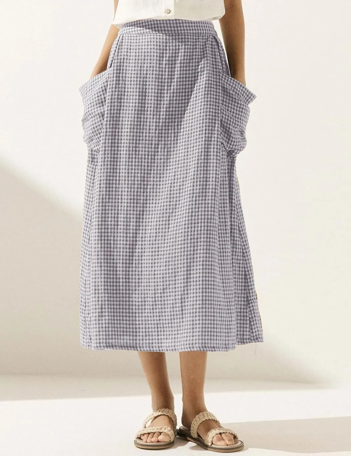 MISSACTIVER Linen Plaid Skirts for Women Elastic Waist Midi Skirt with Pockets Vintage Flowy Gingham Long Skirt