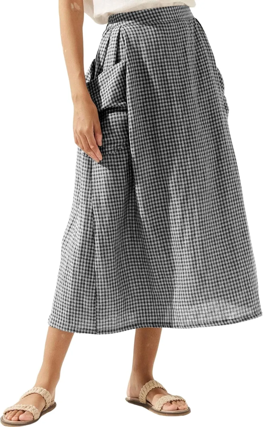 MISSACTIVER Linen Plaid Skirts for Women Elastic Waist Midi Skirt with Pockets Vintage Flowy Gingham Long Skirt