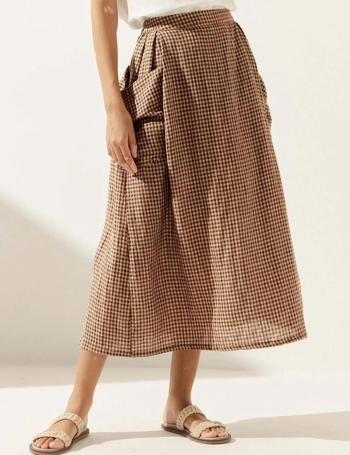 MISSACTIVER Linen Plaid Skirts for Women Elastic Waist Midi Skirt with Pockets Vintage Flowy Gingham Long Skirt