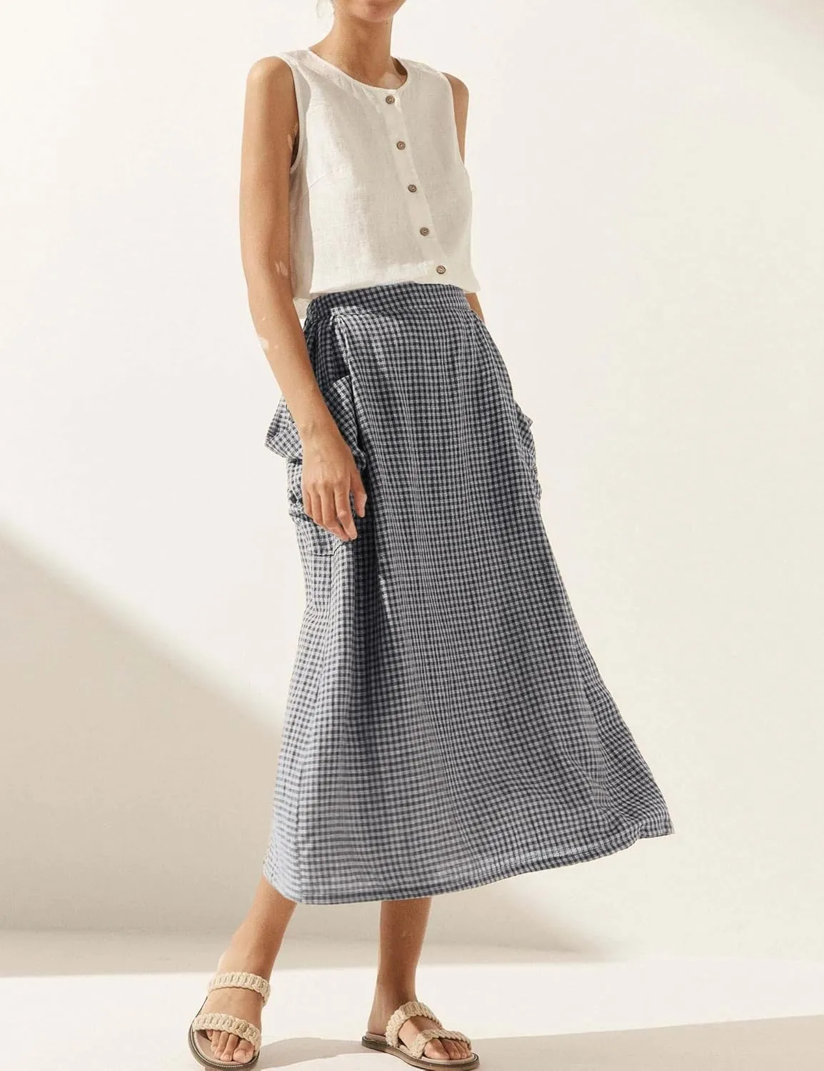 MISSACTIVER Linen Plaid Skirts for Women Elastic Waist Midi Skirt with Pockets Vintage Flowy Gingham Long Skirt