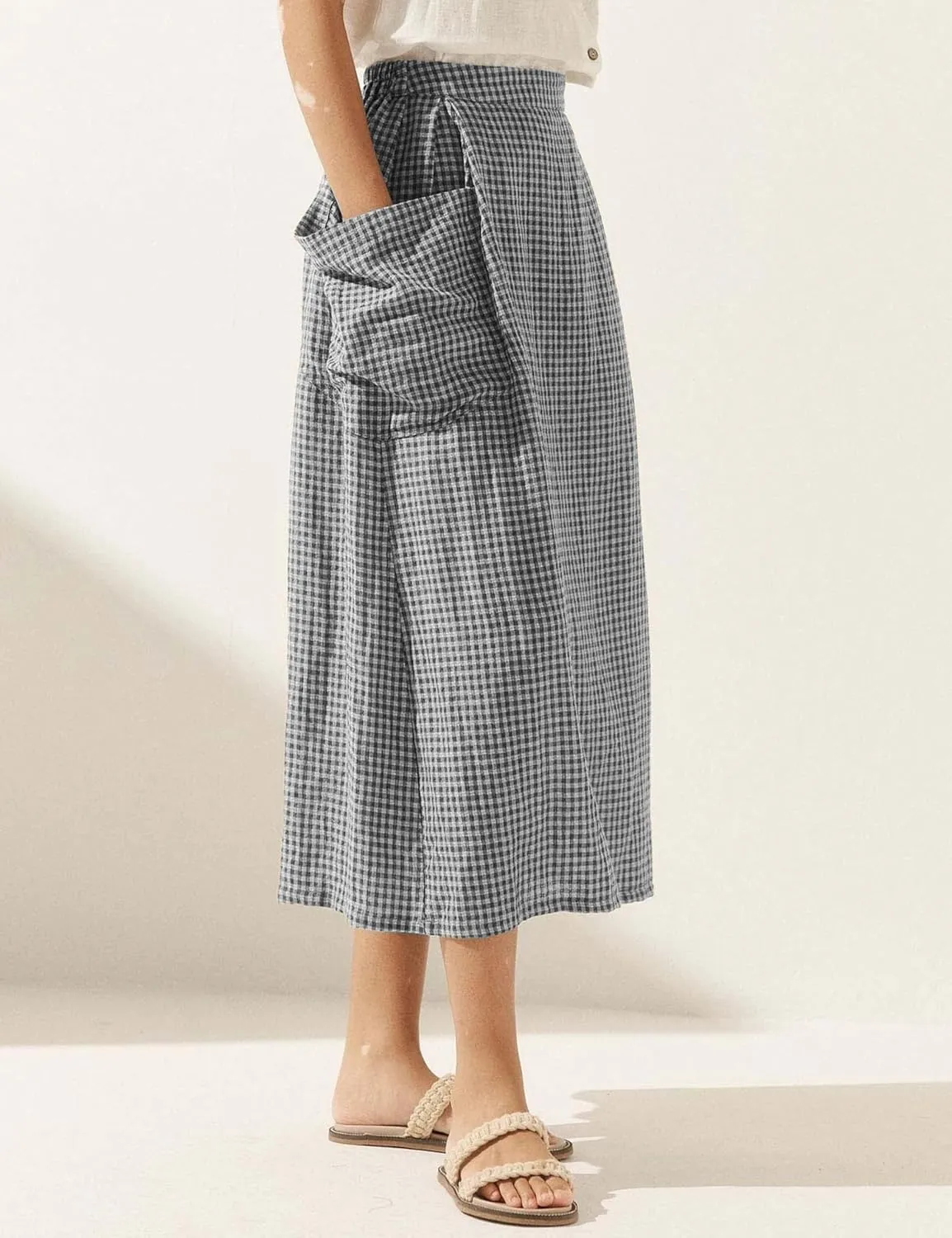 MISSACTIVER Linen Plaid Skirts for Women Elastic Waist Midi Skirt with Pockets Vintage Flowy Gingham Long Skirt