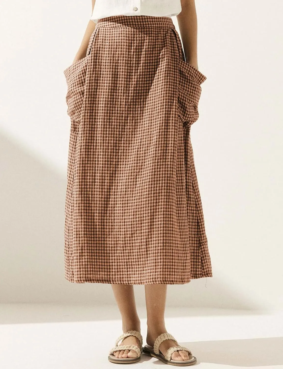 MISSACTIVER Linen Plaid Skirts for Women Elastic Waist Midi Skirt with Pockets Vintage Flowy Gingham Long Skirt