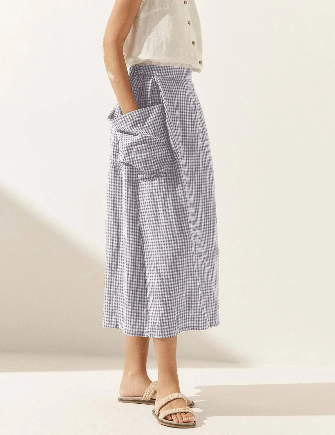 MISSACTIVER Linen Plaid Skirts for Women Elastic Waist Midi Skirt with Pockets Vintage Flowy Gingham Long Skirt