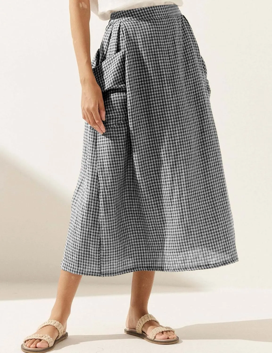 MISSACTIVER Linen Plaid Skirts for Women Elastic Waist Midi Skirt with Pockets Vintage Flowy Gingham Long Skirt