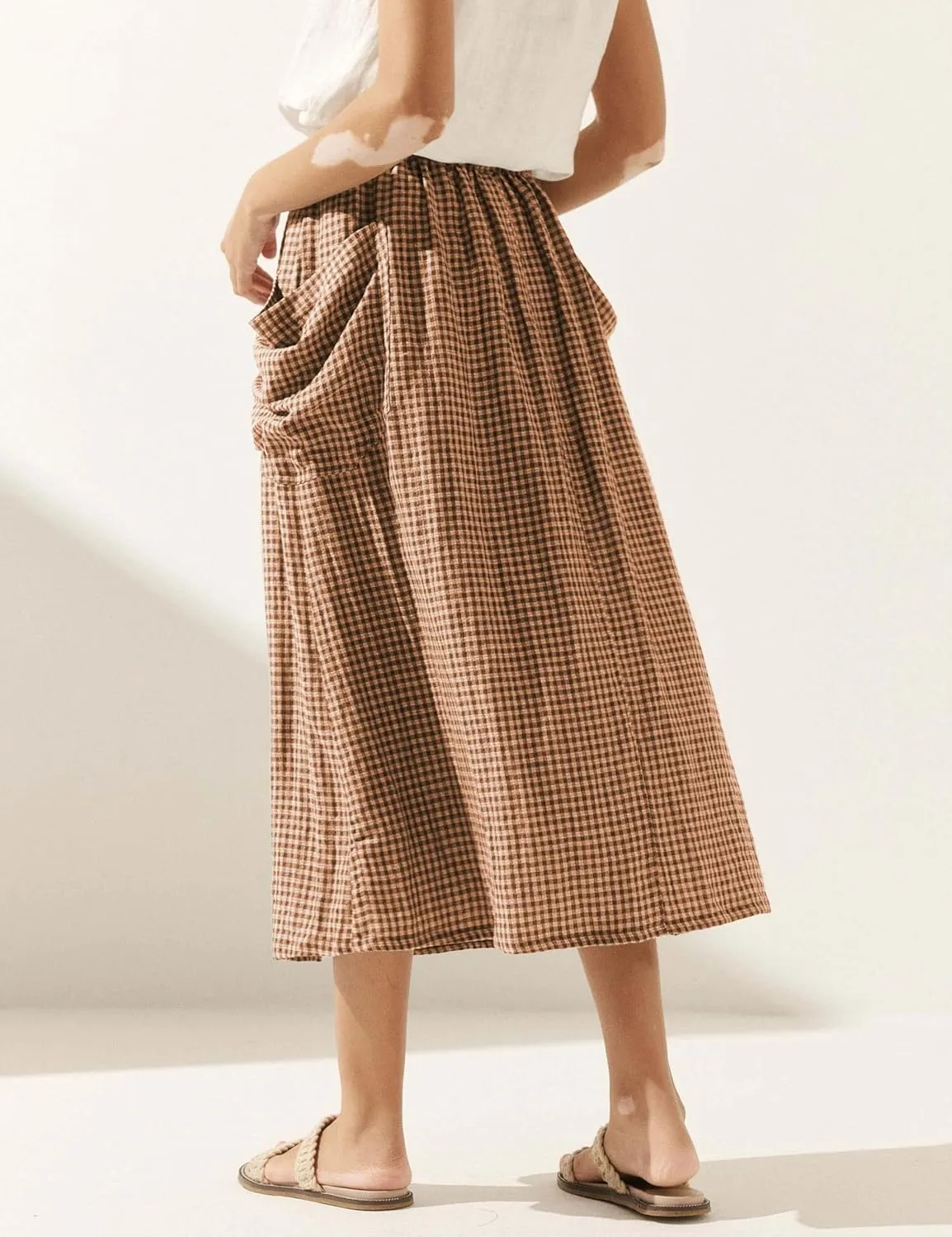 MISSACTIVER Linen Plaid Skirts for Women Elastic Waist Midi Skirt with Pockets Vintage Flowy Gingham Long Skirt