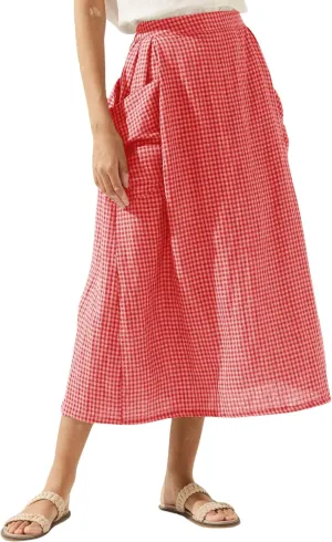 MISSACTIVER Linen Plaid Skirts for Women Elastic Waist Midi Skirt with Pockets Vintage Flowy Gingham Long Skirt