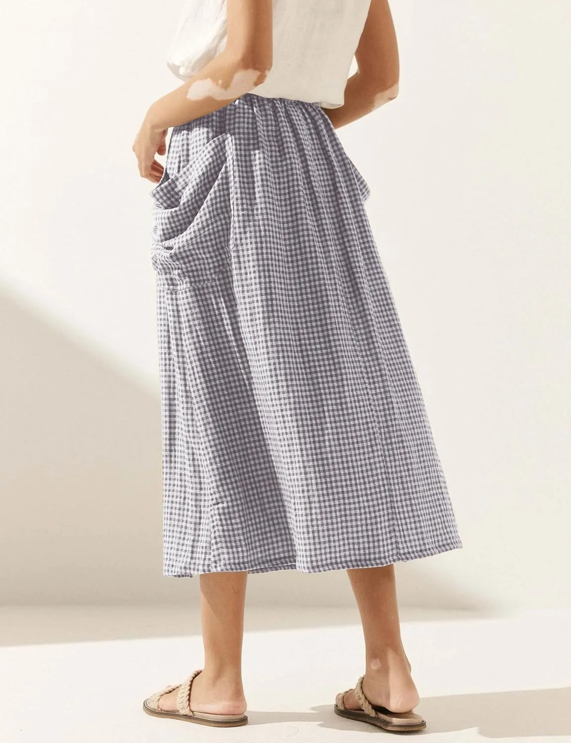 MISSACTIVER Linen Plaid Skirts for Women Elastic Waist Midi Skirt with Pockets Vintage Flowy Gingham Long Skirt
